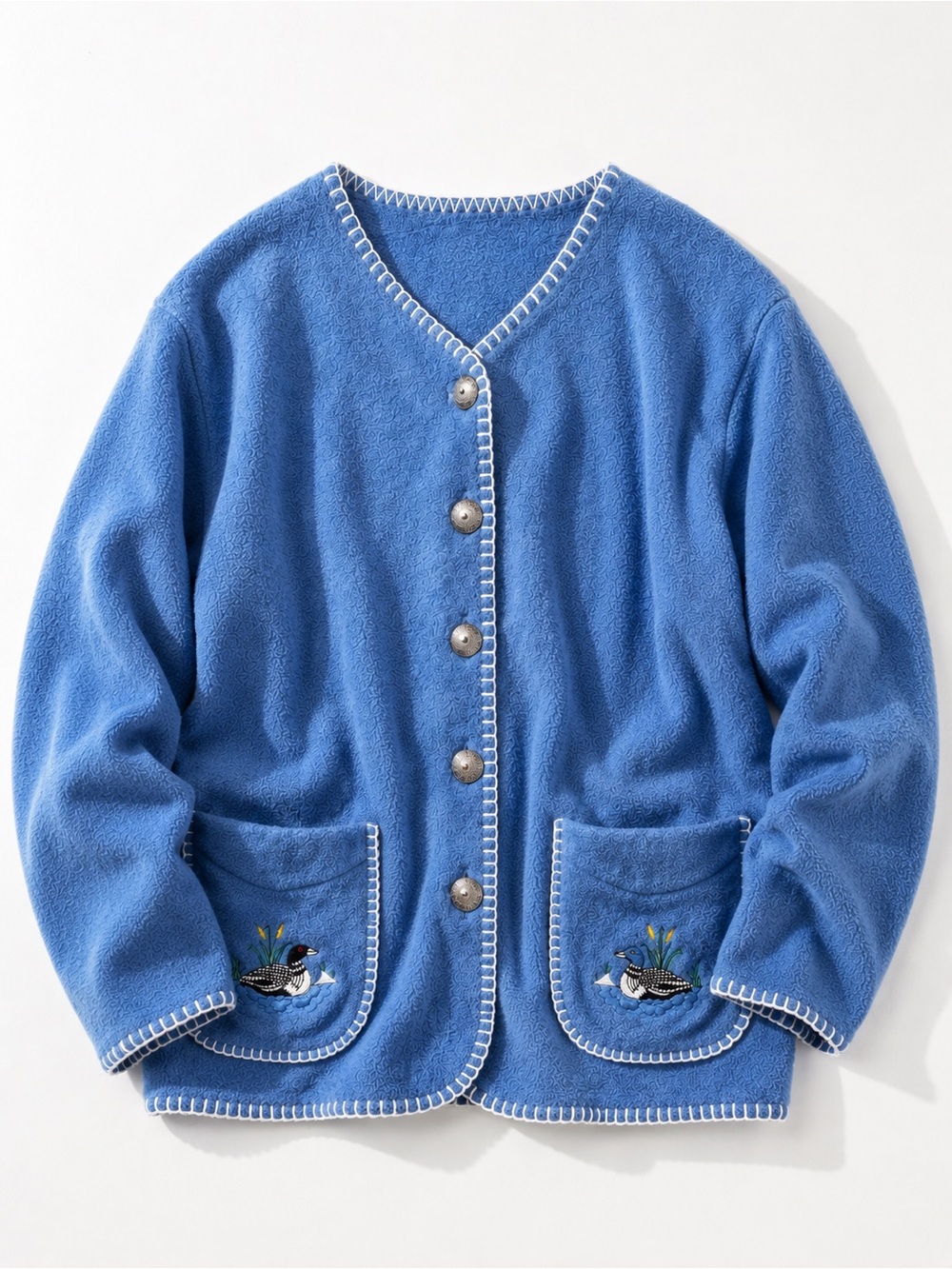 Vintage Blue Fleece Button-Up Cardigan with Embroidered Pockets